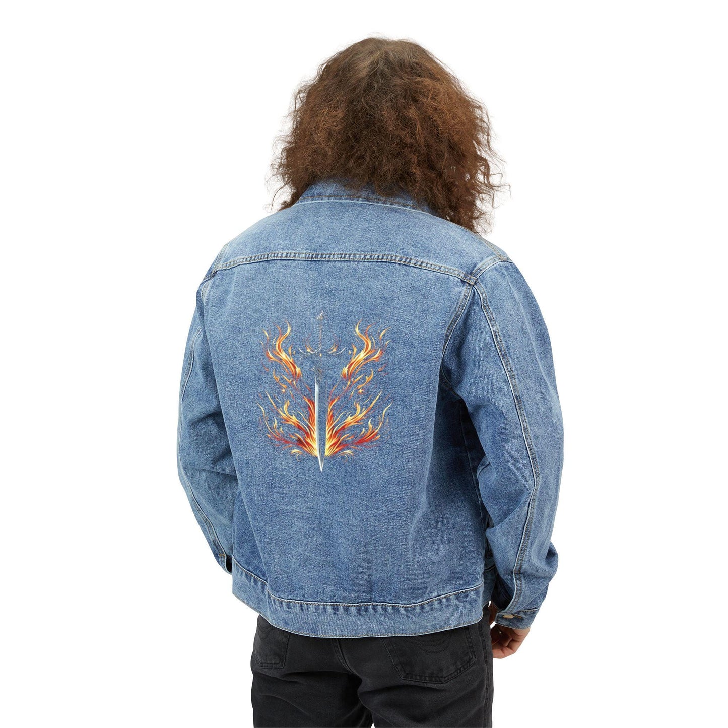 Denim Jacket, Flaming Sword Design, Bold and Ready Defense, Men's Outerwear, Unique Gift, Jean LaTasse Art, Biker Style