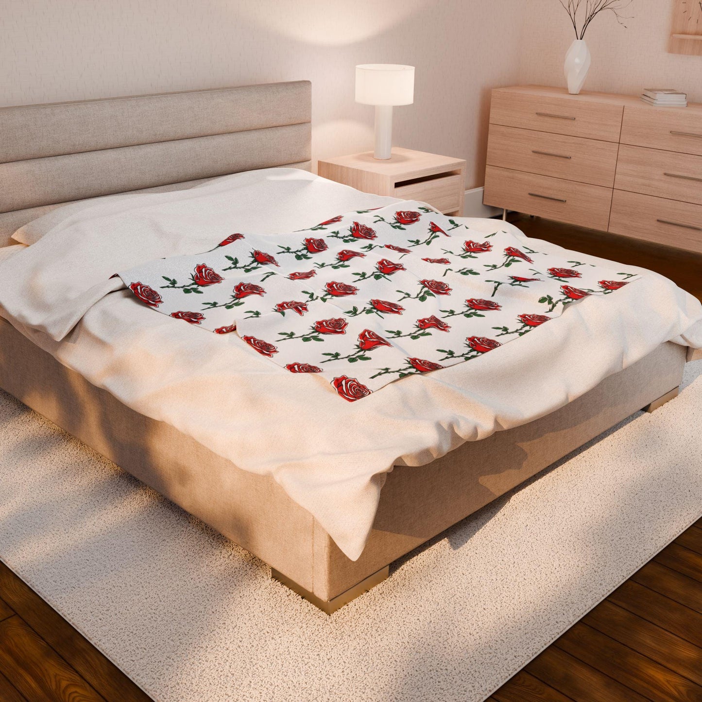 Velveteen Plush Blanket - Red Roses Riot Floral Throw, Jean Latasse Design, Passionate Color Relaxation Bedding, Gift for Rose Lover, Home