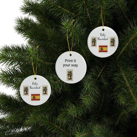 Ceramic Ornaments, Spanish Heritage Merry Christmas Decoration, Personalized Design, Double-Sided, Holiday Keepsake, Christmas Tree