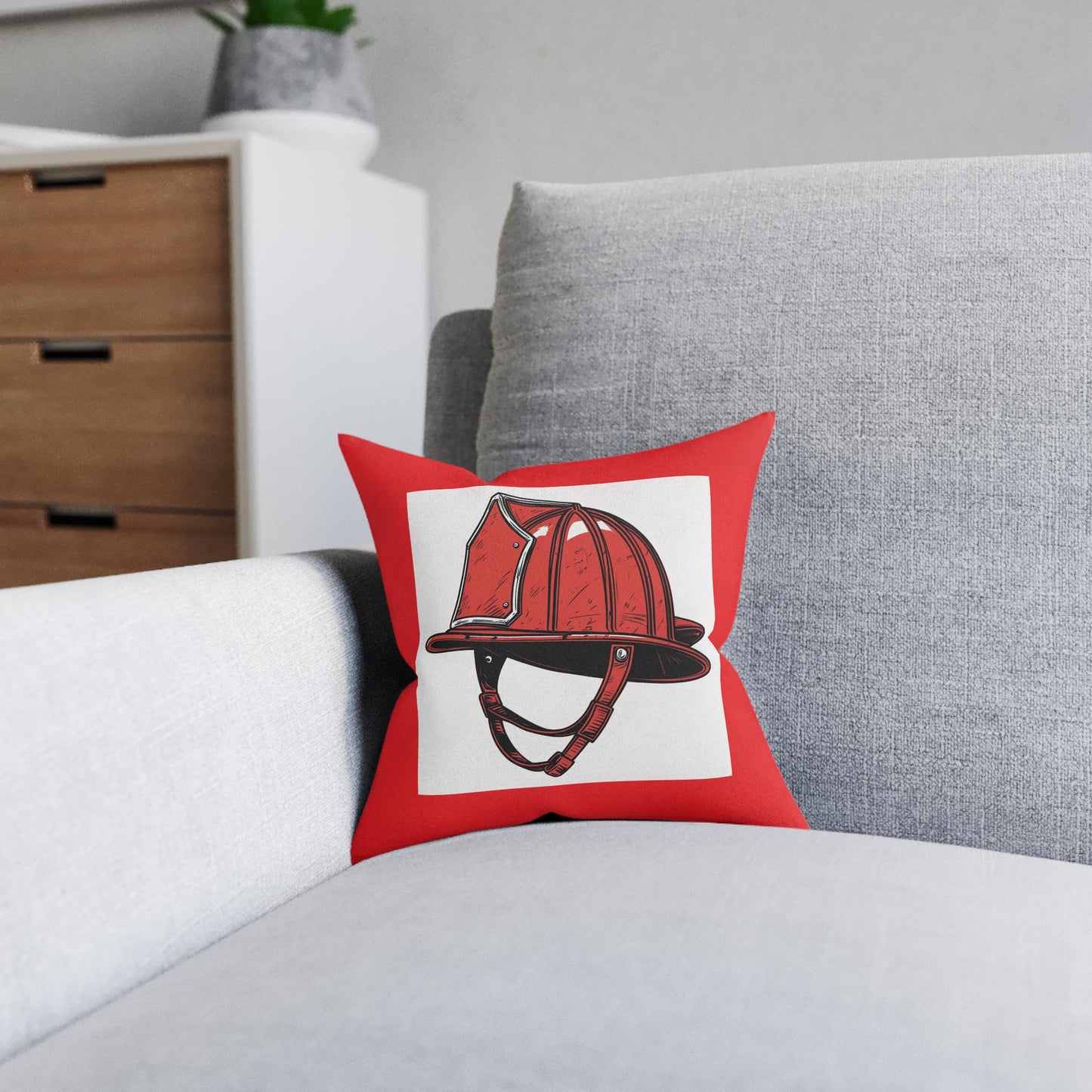 Fireman Helmet Square Pillow for Young Aspiring Firefighters, Room Decor, Chair Accessory, Kid's Bedroom, Jean LaTasse Design