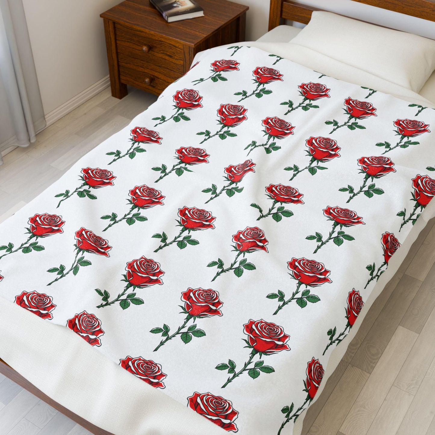 Velveteen Plush Blanket - Red Roses Riot Floral Throw, Jean Latasse Design, Passionate Color Relaxation Bedding, Gift for Rose Lover, Home