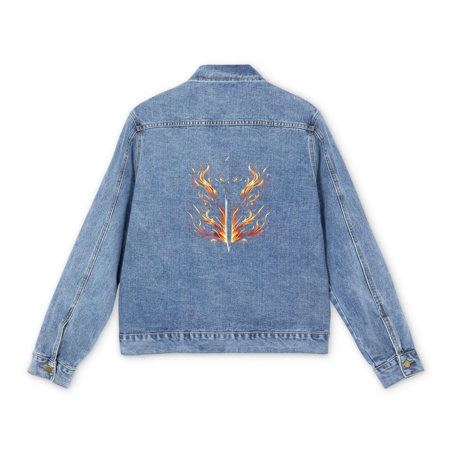 Denim Jacket, Flaming Sword Design, Bold and Ready Defense, Men's Outerwear, Unique Gift, Jean LaTasse Art, Biker Style