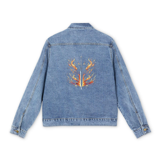 Denim Jacket, Flaming Sword Design, Bold and Ready Defense, Men's Outerwear, Unique Gift, Jean LaTasse Art, Biker Style